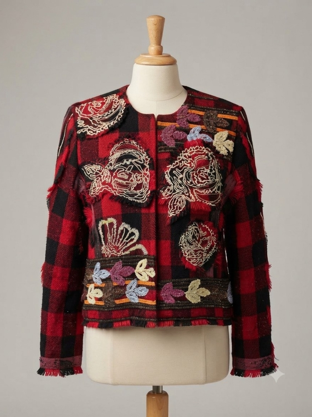 Vintage Sandy Starkman Buffalo Plaid Fall Leaves Embellished Blazer Jacket Sz L